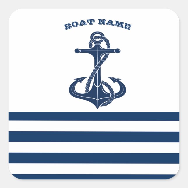 Sticker Carré Nom du bateau nautique, Ancre Bleu Bleu Bleu Blanc (Devant)