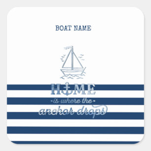 Sticker Carré Nom du bateau nautique, Ancre Marine Bleu rayé