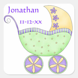 Sticker Carré Nom du bébé vert Buggy Date de naissance Faire-par