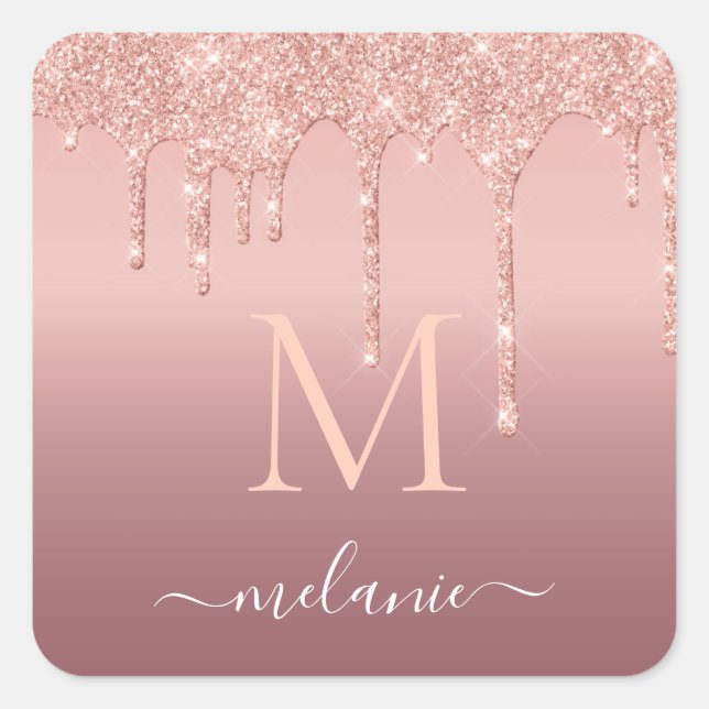 Sticker Carré Nom du monogramme Rose texte Parties scintillant d (Devant)