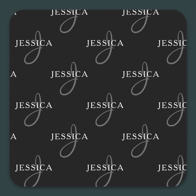Sticker Carré Nom élégant et monogramme | Noir, blanc et gris (Créateur téléchargé)