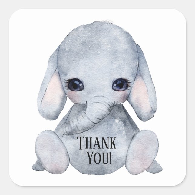 Sticker Carré Nom Eléphant mignon Aquarelle Merci (Devant)