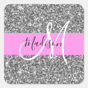 Sticker Carré Nom en monogramme avec paillettes rose et argent G