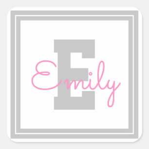 Sticker Carré Nom et monogramme encadrés   Gris clair et rose