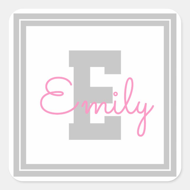 Sticker Carré Nom et monogramme encadrés | Gris clair et rose (Devant)