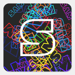 Sticker Carré Nom et monogramme rétro-modernes Couleurs vives et