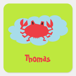 Sticker Carré Nom personnalisé crabe rouge sur bleu et vert
