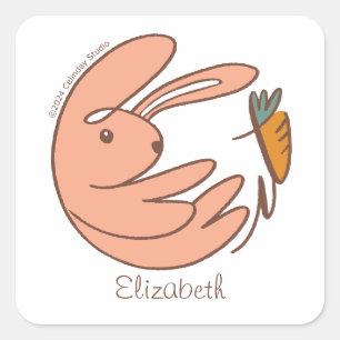 Sticker Carré Nom personnalisé Cute Bunny et Carrot Animal Art