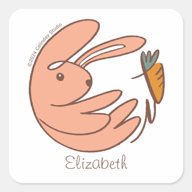 Sticker Carré Nom personnalisé Cute Bunny et Carrot Animal Art (Devant)