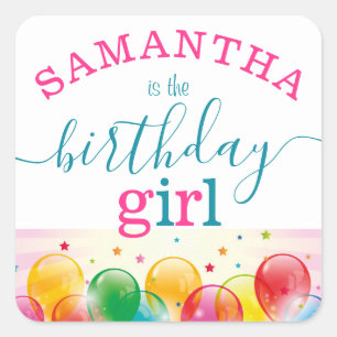 Sticker Carré Nom personnalisé Fille d'anniversaire Rose/Teal Fe
