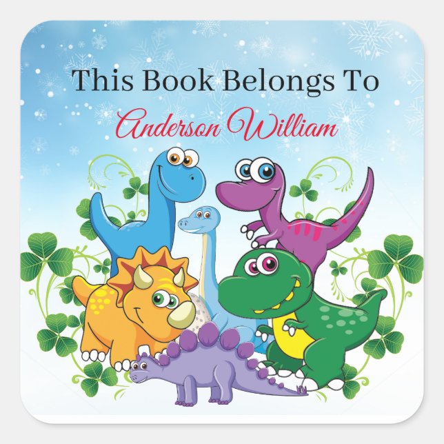 Sticker Carré Nom personnalisé Funny Dinosaur, feuille 4e année (Devant)