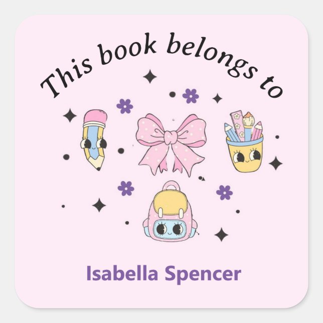 Sticker Carré Nom Personnalisé Girl Cute Ce Livre Appartient Au  (Devant)
