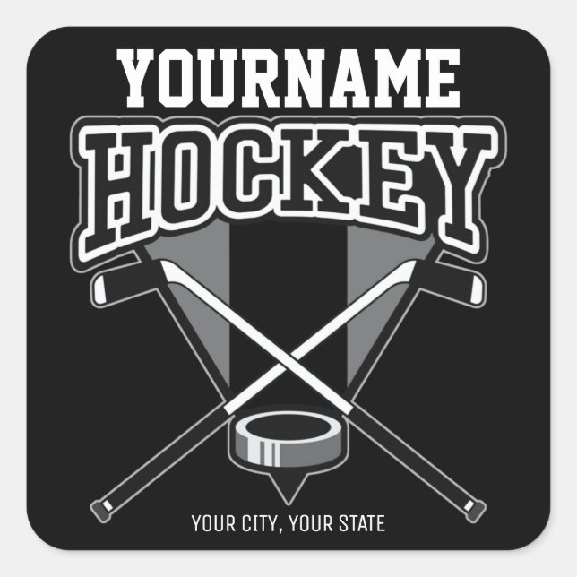 Sticker Carré NOM Personnalisé Joueur de hockey Stick Puck Team (Devant)