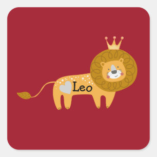 Sticker Carré Nom personnalisé mignon Lion avec Couronne & Coeur