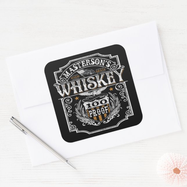 Sticker Carré NOM personnalisé Old West Whiskey Brewery Bar (Enveloppe)
