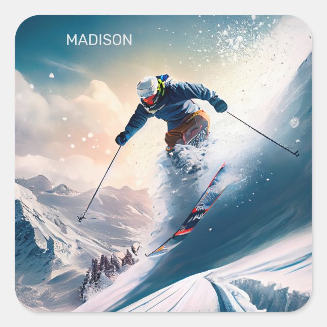 Sticker Carré Nom personnalisé Skier de montagne (Devant)