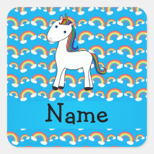 Sticker Carré Nom personnalisé unicorne bleu arc-en-ciel