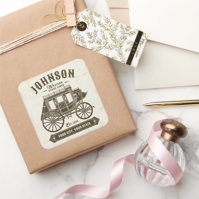Sticker Carré NOM PERSONNALISÉ Vieux Western Stagecoach Carriage (Cadeaux)