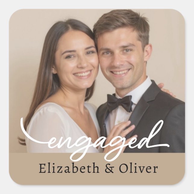 Sticker Carré Nom photo personnalisé Fiançailles Script moderne (Devant)