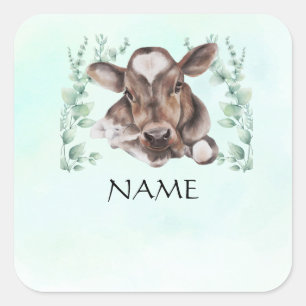 Sticker Carré Nom Tag Bébé douche Bébé Vache Eucalyptus