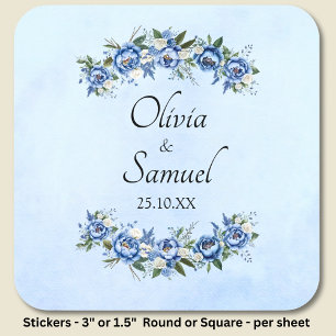Sticker Carré Noms des mariés & Date Pivoine bleue 
