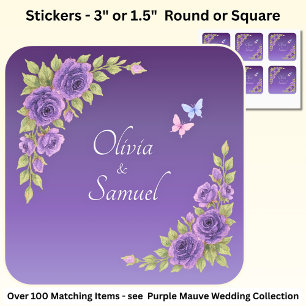 Sticker Carré Noms des mariés Fleurs Mauve Violet & Blanc
