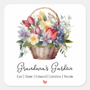 Sticker Carré Noms du jardin de la grand-mère Panier floral aqua