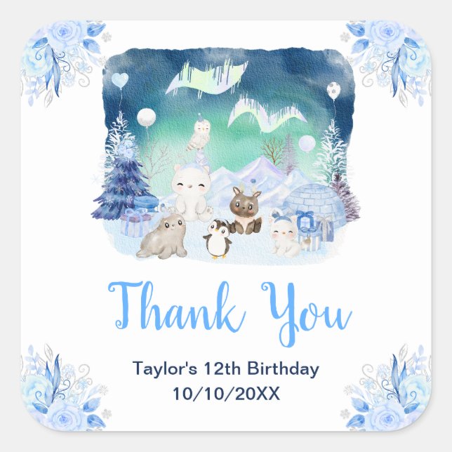 Sticker Carré Northern Lights Animals Birthday Party Thank You (Devant)