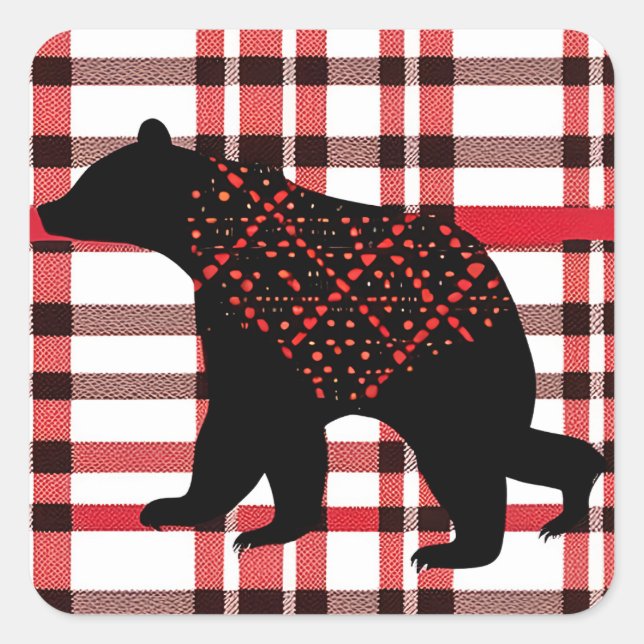 Sticker Carré Norwood Rustique Ours Noir Silhouette Sur Plaid (Devant)