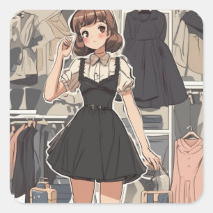 Sticker Carré Nostalgique Anime Petit Robe Noire Décal -Artistiq
