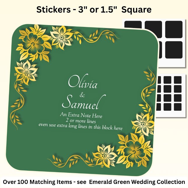 Sticker Carré Note + Bride Groom Names Emerald Green & Gold (Créateur téléchargé)