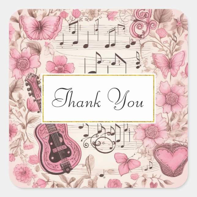 Sticker Carré Notes de musique et fleurs Merci de style rétro (Devant)