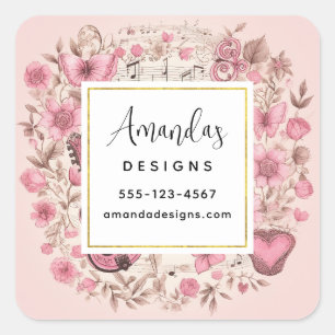 Sticker Carré Notes de musique et fleurs Style rétro