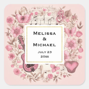 Sticker Carré Notes de musique et Fleurs style rétro Mariage