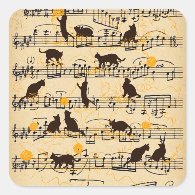 Sticker Carré Notes musicales et chatons (Devant)