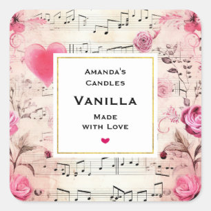 Sticker Carré Notes musicales et Rose Vintage bougie