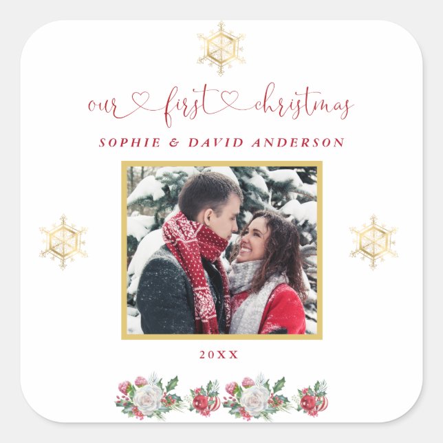 Sticker Carré Notre premier Mariage photo floral de Noël (Devant)