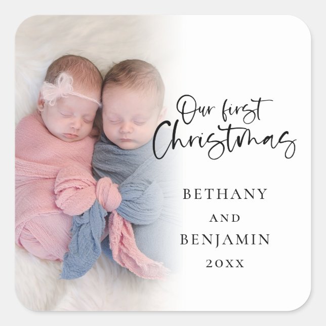 Sticker Carré Notre premier Noël Twin Baby Name Année Photo (Devant)