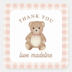 Sticker Carré Nounours à l'arc en peluche Gingham Rose Vieilli B