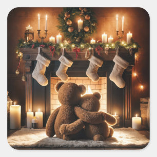 Sticker Carré Nounours Devant Une Cheminée De Noël