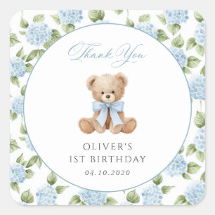 Sticker Carré Nounours en peluche, Nœud bleu, Fleurs bleues, Pre