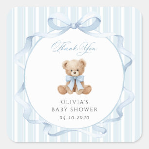 Sticker Carré Nounours, Nœud Bleu, Rayures Bleues, Baby Shower