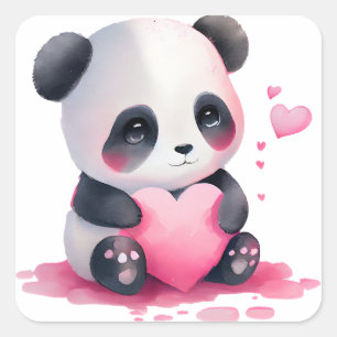 Sticker Carré Nounours Panda au Coeur Mignon pour la Saint-Valen