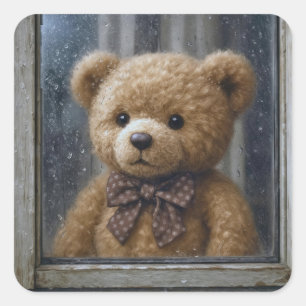 Sticker Carré Nounours regardant par une fenêtre pluvieuse