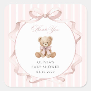 Sticker Carré Nounours rose, ruban rose, rayures roses, Baby Sho