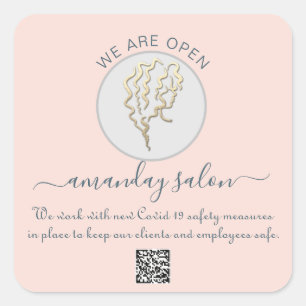 Sticker Carré Nous sommes Open Beauté Salon Hair Logo Rose QR CO