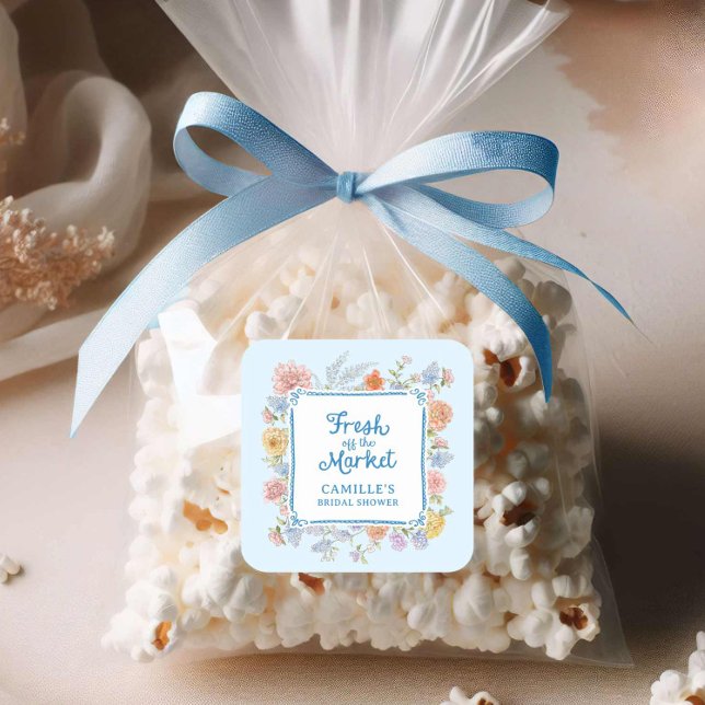 Sticker Carré Nouveau du Marché Blue Bridal Shower (Blue Fresh of the Market bridal shower sticker)