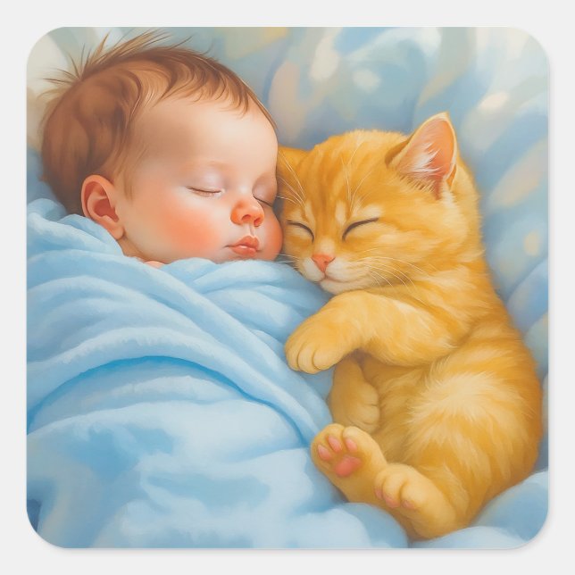 Sticker Carré Nouveau-né bébé garçon Napping avec Kitten (Devant)