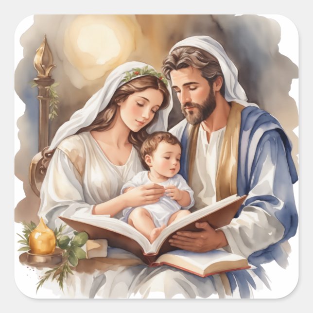Sticker Carré Nouveau-né Jésus avec Marie et Joseph (Devant)