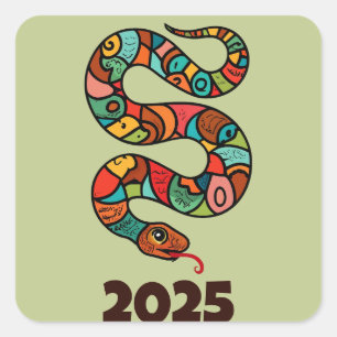 Sticker Carré Nouvel An Chinois Du Serpent À Bois Vert 2025